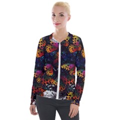 Butterfly Floral Pattern Velvet Zip Up Jacket