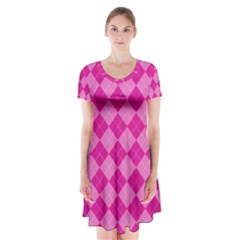 Pink Diamond Pattern Short Sleeve V-neck Flare Dress by ArtsyWishy