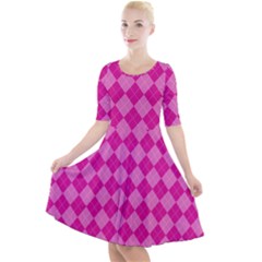 Pink Diamond Pattern Quarter Sleeve A-line Dress by ArtsyWishy