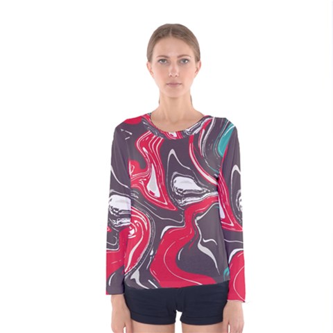Red Vivid Marble Pattern 3 Women s Long Sleeve Tee by goljakoff