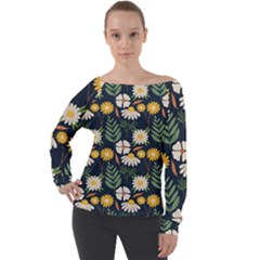 Flower Grey Pattern Floral Off Shoulder Long Sleeve Velour Top by Dutashop