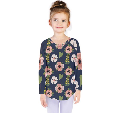 Flower White Grey Pattern Floral Kids  Long Sleeve Tee by Dutashop