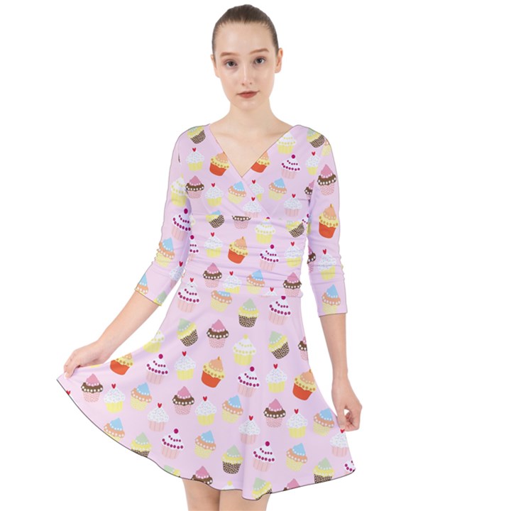 CUPCAKES FESTIVAL PATTERN Quarter Sleeve Front Wrap Dress