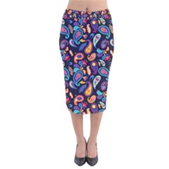 Paisley Baatik Purple Print Velvet Midi Pencil Skirt by designsbymallika