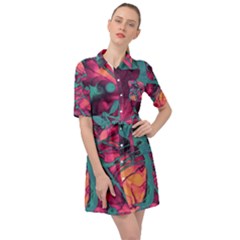 Pink And Turquoise Alcohol Ink Belted Shirt Dress by Dazzleway