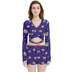 Multi Cats Velvet Wrap Crop Top And Shorts Set by CleverGoods