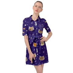 Multi Kitty Belted Shirt Dress by CleverGoods