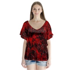 Red Abstract V-neck Flutter Sleeve Top