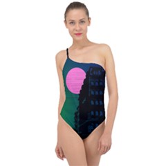 Vaporwave Old Moon Over Nyc Classic One Shoulder Swimsuit