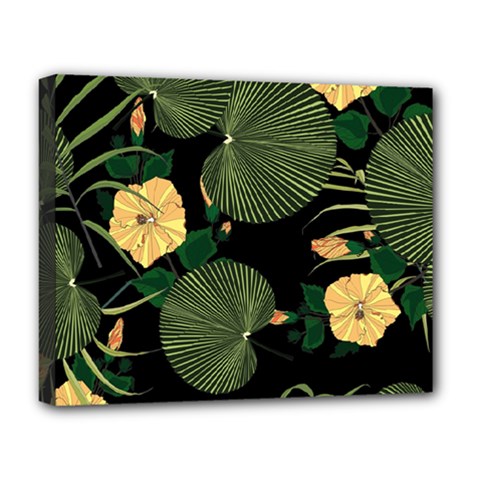 Tropical Vintage Yellow Hibiscus Floral Green Leaves Seamless Pattern Black Background  Deluxe Canvas 20  X 16  (stretched) by Sobalvarro