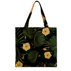 Tropical Vintage Yellow Hibiscus Floral Green Leaves Seamless Pattern Black Background  Grocery Tote Bag by Sobalvarro