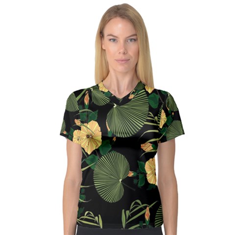 Tropical Vintage Yellow Hibiscus Floral Green Leaves Seamless Pattern Black Background  V-neck Sport Mesh Tee by Sobalvarro