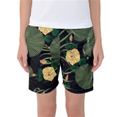 Tropical Vintage Yellow Hibiscus Floral Green Leaves Seamless Pattern Black Background  Women s Basketball Shorts by Sobalvarro