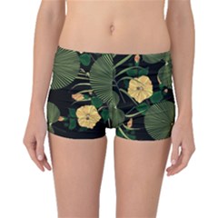 Tropical Vintage Yellow Hibiscus Floral Green Leaves Seamless Pattern Black Background  Boyleg Bikini Bottoms by Sobalvarro