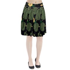 Tropical Vintage Yellow Hibiscus Floral Green Leaves Seamless Pattern Black Background  Pleated Skirt by Sobalvarro