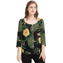 Tropical Vintage Yellow Hibiscus Floral Green Leaves Seamless Pattern Black Background  Chiffon Quarter Sleeve Blouse by Sobalvarro