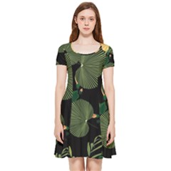 Tropical Vintage Yellow Hibiscus Floral Green Leaves Seamless Pattern Black Background  Inside Out Cap Sleeve Dress by Sobalvarro