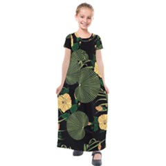 Tropical Vintage Yellow Hibiscus Floral Green Leaves Seamless Pattern Black Background  Kids  Short Sleeve Maxi Dress by Sobalvarro