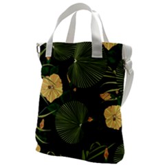 Tropical Vintage Yellow Hibiscus Floral Green Leaves Seamless Pattern Black Background  Canvas Messenger Bag by Sobalvarro
