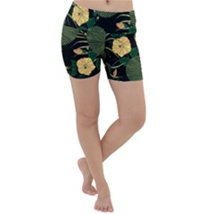 Tropical Vintage Yellow Hibiscus Floral Green Leaves Seamless Pattern Black Background  Lightweight Velour Yoga Shorts by Sobalvarro