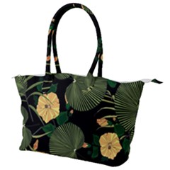 Tropical Vintage Yellow Hibiscus Floral Green Leaves Seamless Pattern Black Background  Canvas Shoulder Bag by Sobalvarro