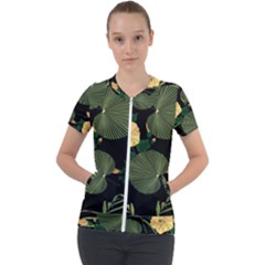 Tropical Vintage Yellow Hibiscus Floral Green Leaves Seamless Pattern Black Background  Short Sleeve Zip Up Jacket by Sobalvarro
