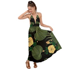 Tropical Vintage Yellow Hibiscus Floral Green Leaves Seamless Pattern Black Background  Backless Maxi Beach Dress by Sobalvarro