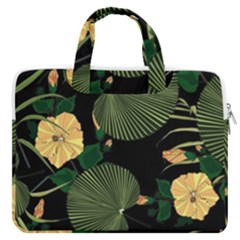 Tropical Vintage Yellow Hibiscus Floral Green Leaves Seamless Pattern Black Background  Macbook Pro Double Pocket Laptop Bag by Sobalvarro