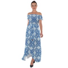 Blue Pattern Off Shoulder Open Front Chiffon Dress by Dazzleway