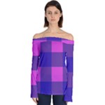 Blue And Pink Buffalo Plaid Check Squares Pattern Off Shoulder Long Sleeve Top