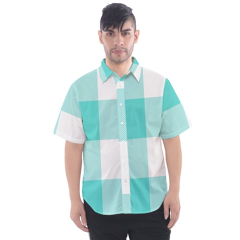 Turquoise And White Buffalo Check Men s Short Sleeve Shirt by yoursparklingshop