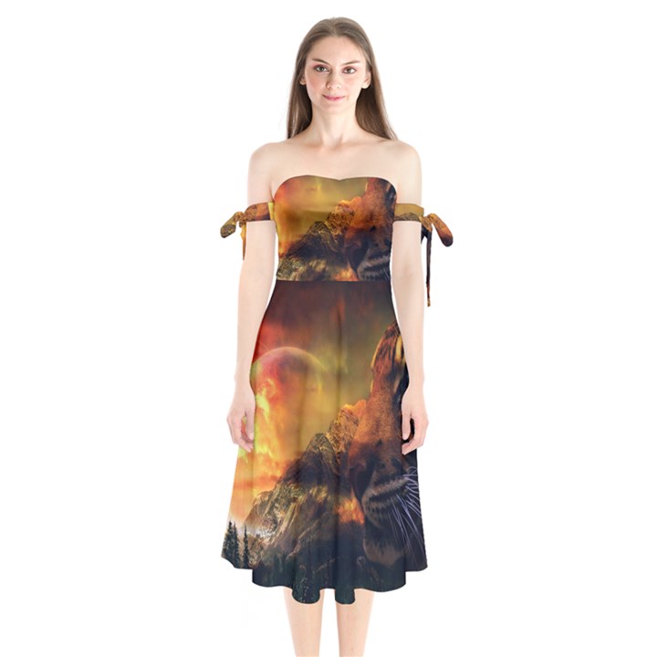 Tiger King In A Fantastic Landscape From Fonebook Shoulder Tie Bardot Midi Dress