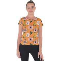 Flower Orange Pattern Floral Short Sleeve Sports Top 