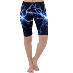 Blue Electric Thunder Storm, Colorful Lightning Graphic Cropped Leggings  by picsaspassion