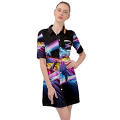 Colorful Neon Light Rays, Rainbow Colors Graphic Art Belted Shirt Dress by picsaspassion