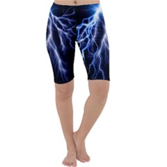 Blue Lightning At Night, Modern Graphic Art  Cropped Leggings  by picsaspassion