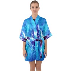 Blue Lightning Thunder At Night, Graphic Art 3 Half Sleeve Satin Kimono  by picsaspassion