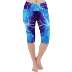Blue Lightning Thunder At Night, Graphic Art 3 Lightweight Velour Cropped Yoga Leggings by picsaspassion