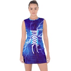 Blue Thunder Lightning At Night, Graphic Art Lace Up Front Bodycon Dress by picsaspassion