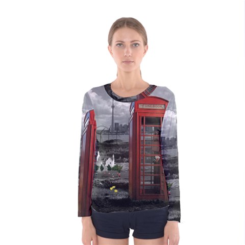 London Calling With Classic British Phonebooth - Bw & Color From Fonebook Women s Long Sleeve Tee by 2853937