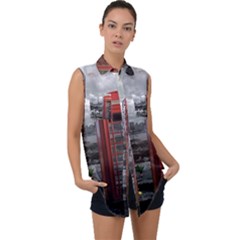 London Calling With Classic British Phonebooth - Bw & Color From Fonebook Sleeveless Chiffon Button Shirt