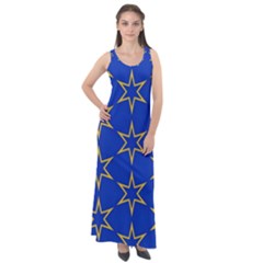 Star Pattern Blue Gold Sleeveless Velour Maxi Dress by Dutashop