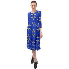 Star Pattern Blue Gold Ruffle End Midi Chiffon Dress by Dutashop