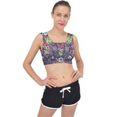 Purple Flowers V-back Sports Bra by goljakoff