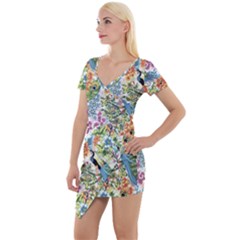 Flowers And Peacock Short Sleeve Asymmetric Mini Dress by goljakoff