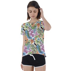 Flowers And Peacock Short Sleeve Foldover Tee