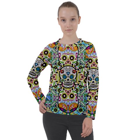 Sugar Skulls Pattern Women s Long Sleeve Raglan Tee by ExtraGoodSauce