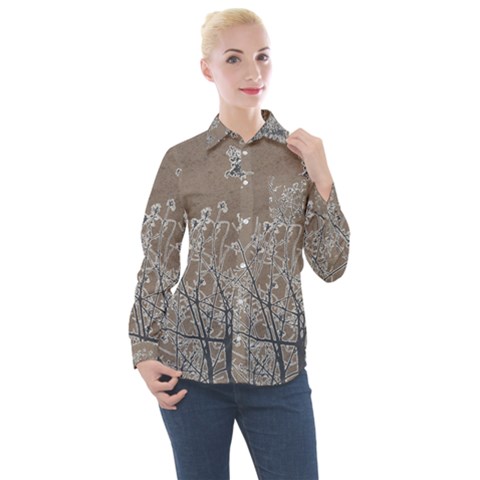 Linear Textured Botanical Motif Design Women s Long Sleeve Pocket Shirt by dflcprintsclothing