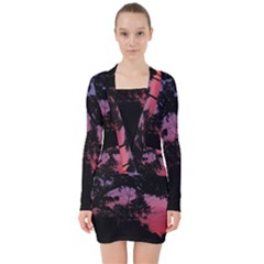 Sunset Landscape High Contrast Photo V-neck Bodycon Long Sleeve Dress by dflcprintsclothing