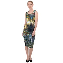 Multicolor Floral Art Copper Patina  Sleeveless Pencil Dress